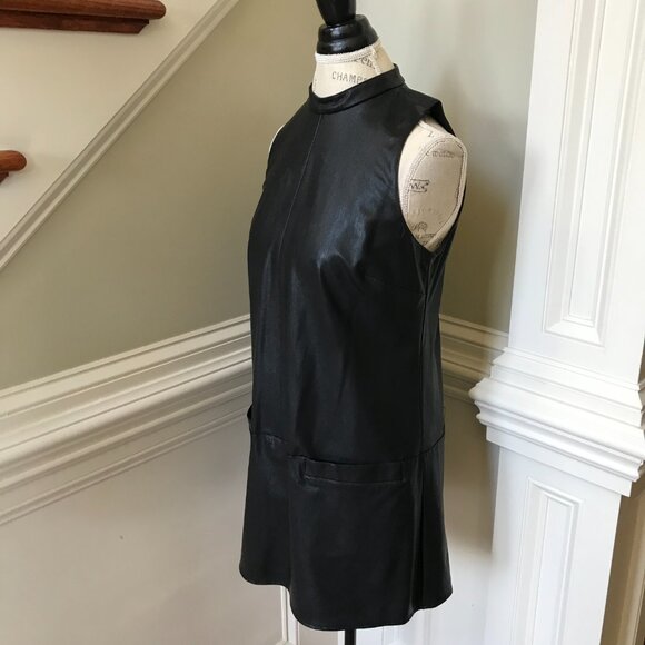 Amanda Uprichard Faux Leather Mini Dress Womens Medium Black Sleeveless Shift - Picture 7 of 13